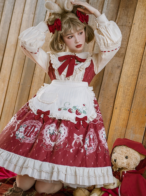 Little Red Riding Hood Strawberry Diary Fairy Tale Sweet Cute White Apron Bowknot Ruffle Sweet Lolita Long Sleeves Dress