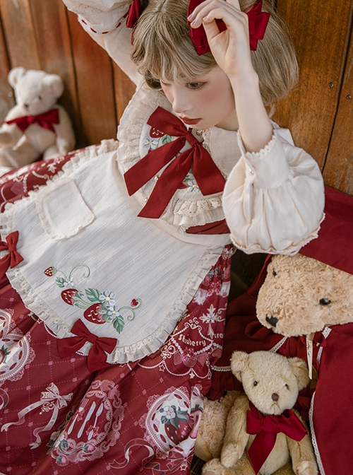 Little Red Riding Hood Strawberry Diary Fairy Tale Sweet Cute White Apron Bowknot Ruffle Sweet Lolita Long Sleeves Dress