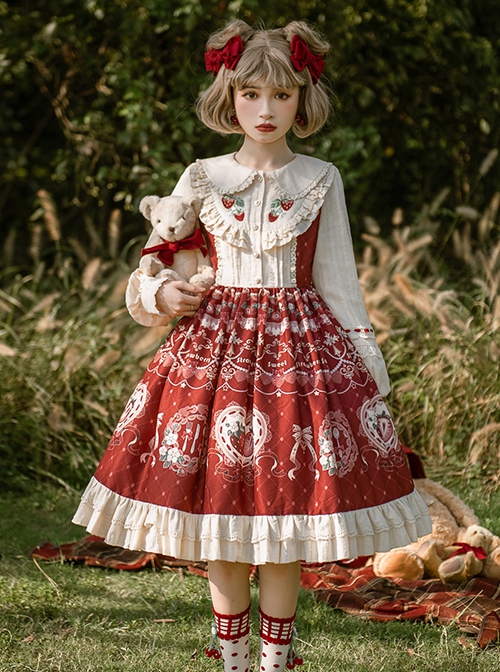 Little Red Riding Hood Strawberry Diary Fairy Tale Sweet Cute White Apron Bowknot Ruffle Sweet Lolita Long Sleeves Dress