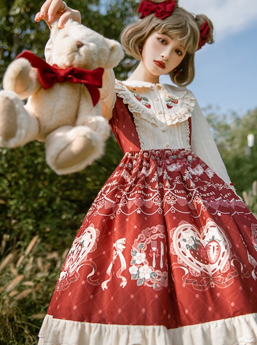 Little Red Riding Hood Strawberry Diary Fairy Tale Sweet Cute White Apron Bowknot Ruffle Sweet Lolita Long Sleeves Dress