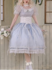 Mermaid Tears series summer Fantasy light blue Fluffy tulle white girdle Bowknot lace pearl chain Classic Lolita Sleeveless Long Dress