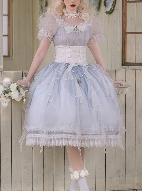 Mermaid Tears series summer Fantasy light blue Fluffy tulle white girdle Bowknot lace pearl chain Classic Lolita Sleeveless Long Dress