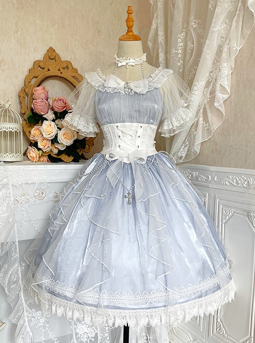 Mermaid Tears series summer Fantasy light blue Fluffy tulle white girdle Bowknot lace pearl chain Classic Lolita Sleeveless Long Dress