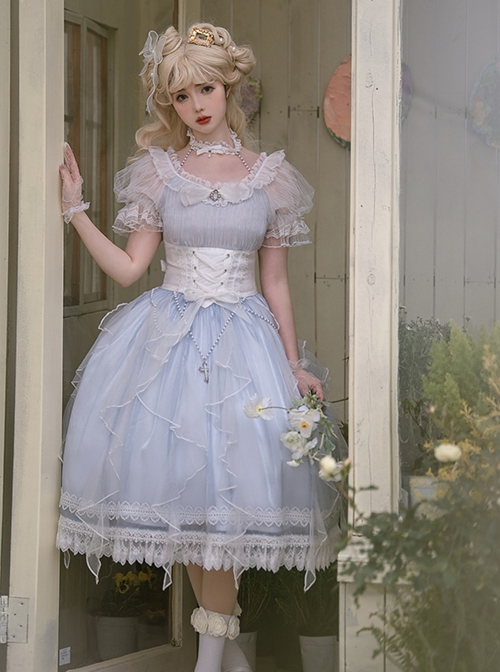 Mermaid Tears series summer Fantasy light blue Fluffy tulle white girdle Bowknot lace pearl chain Classic Lolita Sleeveless Long Dress