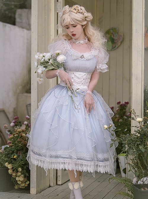 Mermaid Tears series summer Fantasy light blue Fluffy tulle white girdle Bowknot lace pearl chain Classic Lolita Sleeveless Long Dress