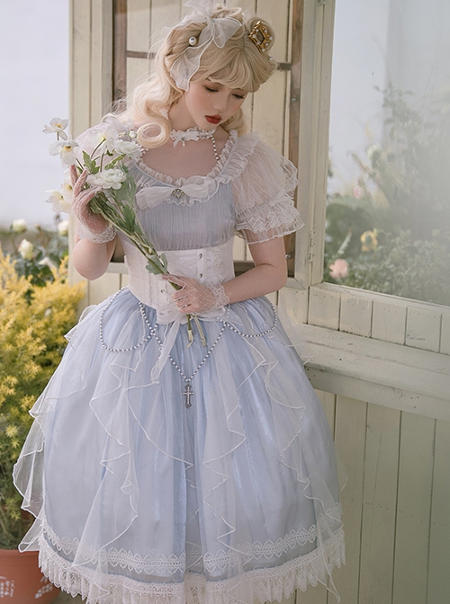 Mermaid Tears series summer Fantasy light blue Fluffy tulle white girdle Bowknot lace pearl chain Classic Lolita Sleeveless Long Dress