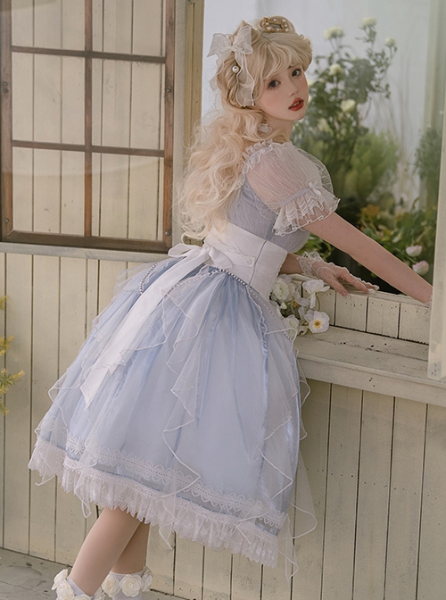 Mermaid Tears series summer Fantasy light blue Fluffy tulle white girdle Bowknot lace pearl chain Classic Lolita Sleeveless Long Dress