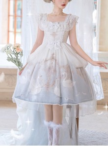 Swan Dream Series Noble White Blue Gradient Elegant Fairy Transparent Tulle Swan Lake Print Classic Lolita Sleeveless Dress