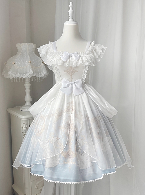 Swan Dream Series Noble White Blue Gradient Elegant Fairy Transparent Tulle Swan Lake Print Classic Lolita Sleeveless Dress