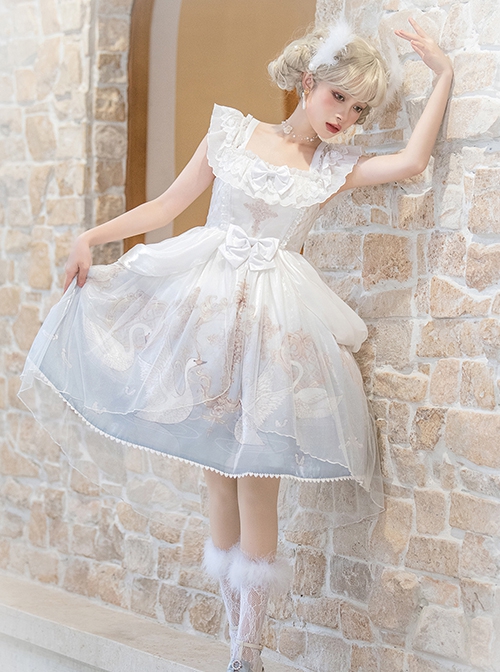 Swan Dream Series Noble White Blue Gradient Elegant Fairy Transparent Tulle Swan Lake Print Classic Lolita Sleeveless Dress