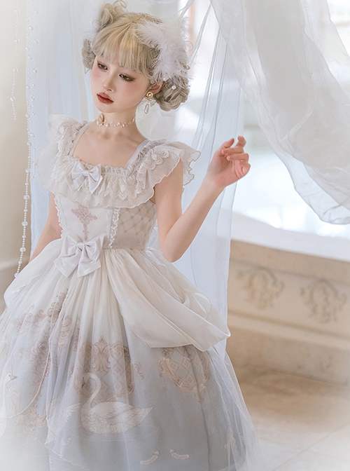 Swan Dream Series Noble White Blue Gradient Elegant Fairy Transparent Tulle Swan Lake Print Classic Lolita Sleeveless Dress