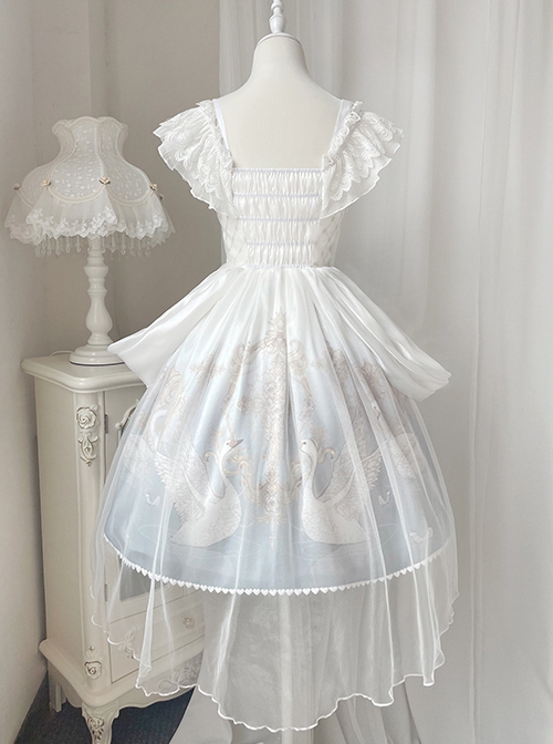 Swan Dream Series Noble White Blue Gradient Elegant Fairy Transparent Tulle Swan Lake Print Classic Lolita Sleeveless Dress