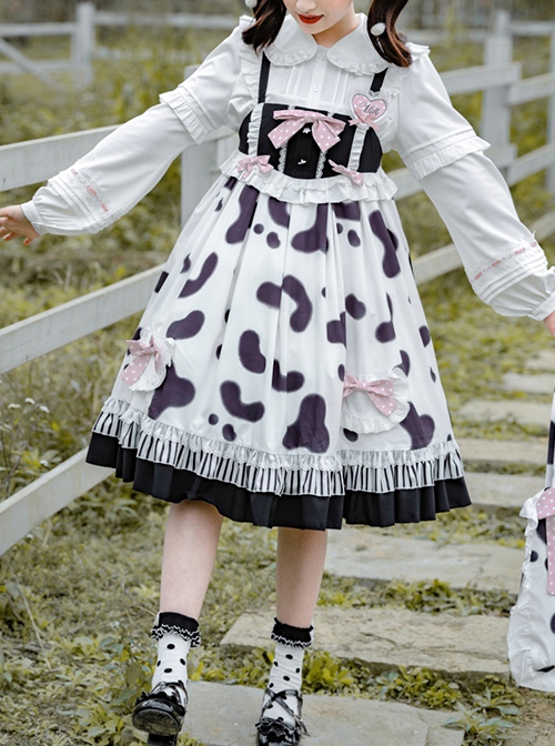 Small Milk Cow Series Everyday High Waist Cute Black White Spots Ruffle Sweet Lolita Long Sleeve Shirt Sleeveless Long Dress Set