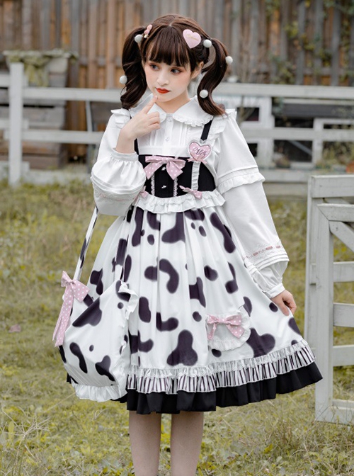Small Milk Cow Series Everyday High Waist Cute Black White Spots Ruffle Sweet Lolita Long Sleeve Shirt Sleeveless Long Dress Set