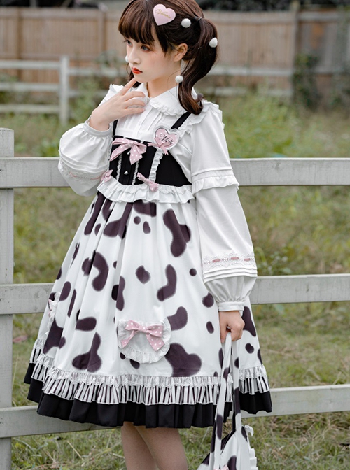 Small Milk Cow Series Everyday High Waist Cute Black White Spots Ruffle Sweet Lolita Long Sleeve Shirt Sleeveless Long Dress Set