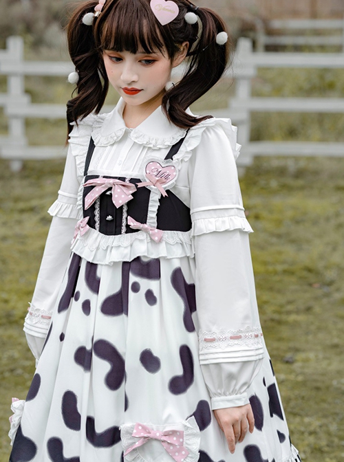 Small Milk Cow Series Everyday High Waist Cute Black White Spots Ruffle Sweet Lolita Long Sleeve Shirt Sleeveless Long Dress Set