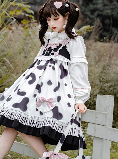 Small Milk Cow Series Everyday High Waist Cute Black White Spots Ruffle Sweet Lolita Long Sleeve Shirt Sleeveless Long Dress Set