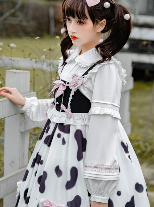 Small Milk Cow Series Everyday High Waist Cute Black White Spots Ruffle Sweet Lolita Long Sleeve Shirt Sleeveless Long Dress Set