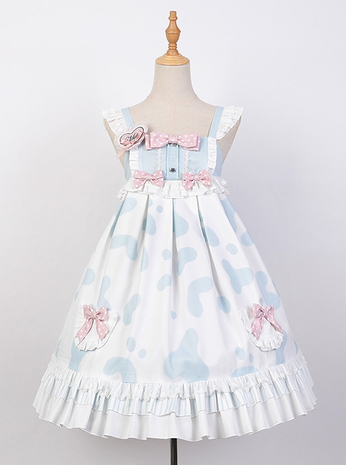 Small Milk Cow Series Lace High Waist Everyday Cute Spots Ruffle Sweet Lolita Sailor Collar Bunny Ears Shirt Sleeveless Dress Set