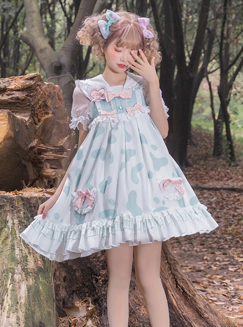 Small Milk Cow Series Lace High Waist Everyday Cute Spots Ruffle Sweet Lolita Sailor Collar Bunny Ears Shirt Sleeveless Dress Set