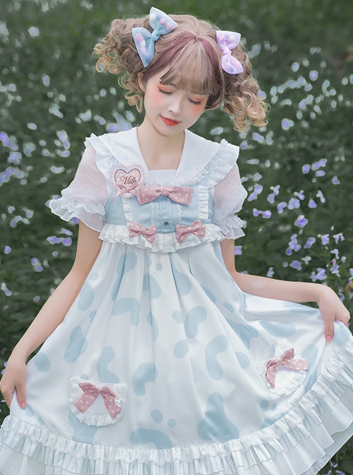 Small Milk Cow Series Lace High Waist Everyday Cute Spots Ruffle Sweet Lolita Sailor Collar Bunny Ears Shirt Sleeveless Dress Set