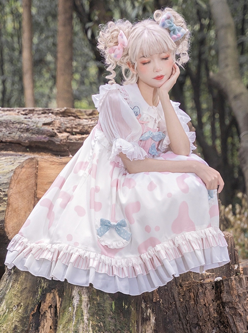 Small Milk Cow Series Lace High Waist Everyday Cute Spots Ruffle Sweet Lolita Sailor Collar Bunny Ears Shirt Sleeveless Dress Set