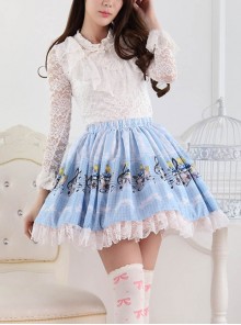 Alice Concert Series Blue Cute Princess Pleated White Lace Musical Note Print Sweet Lolita Short Skirt