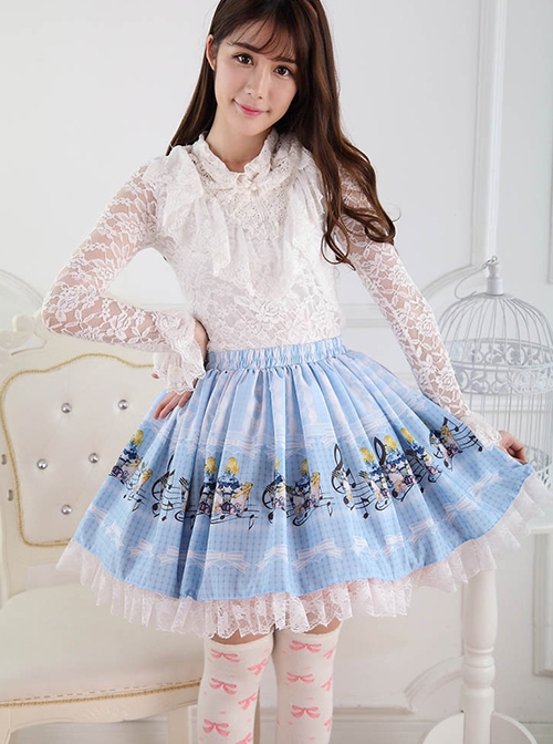 Alice Concert Series Blue Cute Princess Pleated White Lace Musical Note Print Sweet Lolita Short Skirt