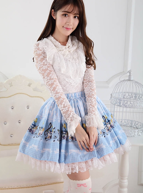 Alice Concert Series Blue Cute Princess Pleated White Lace Musical Note Print Sweet Lolita Short Skirt