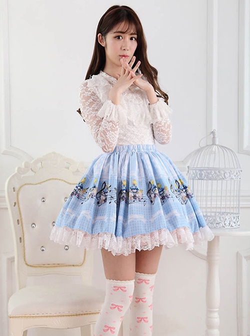 Alice Concert Series Blue Cute Princess Pleated White Lace Musical Note Print Sweet Lolita Short Skirt