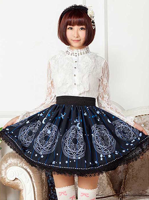 Sun Moon Magic Array Series Navy Blue Pleated Black Lace White Star Pattern Printing Sweet Lolita Short Skirt