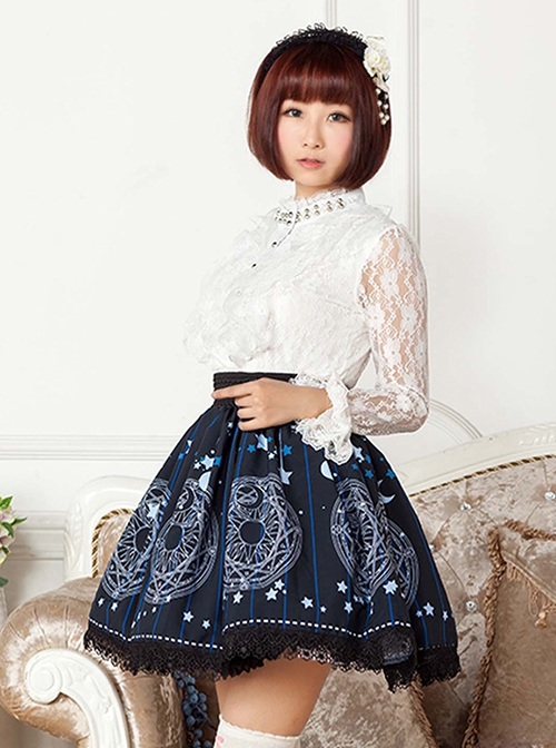 Sun Moon Magic Array Series Navy Blue Pleated Black Lace White Star Pattern Printing Sweet Lolita Short Skirt