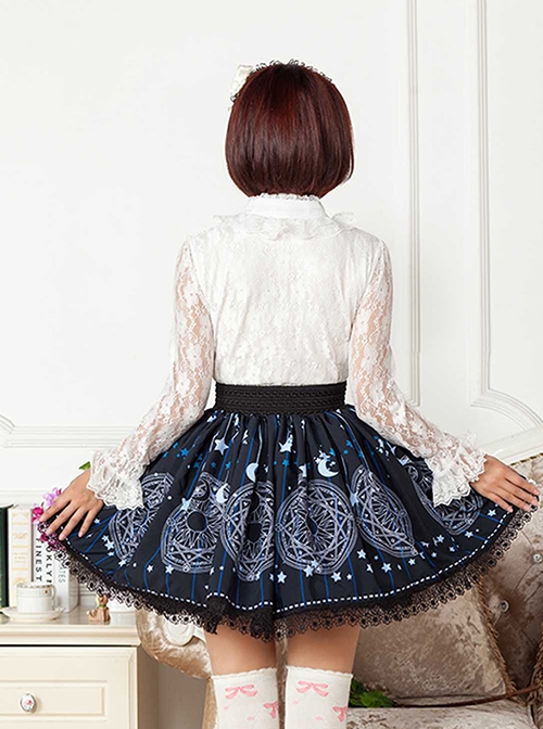 Sun Moon Magic Array Series Navy Blue Pleated Black Lace White Star Pattern Printing Sweet Lolita Short Skirt