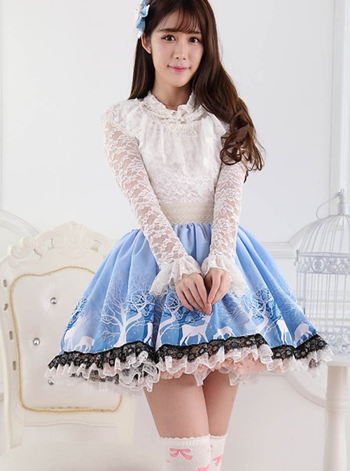 Deer Park Series Blue Artistic Forest Fawn Pattern Elastic Waistband Pleated Lace Sweet Lolita Short Skirt