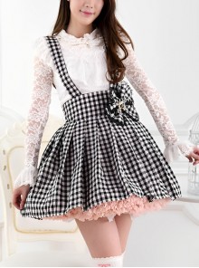 Black White Plaid Series Japanese Cute Bowknot Student Elasticated Waist Pleated Suspender Sweet Lolita Short Skirt