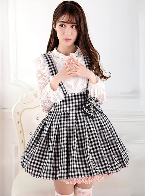 Black White Plaid Series Japanese Cute Bowknot Student Elasticated Waist Pleated Suspender Sweet Lolita Short Skirt