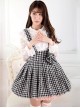 Black White Plaid Series Japanese Cute Bowknot Student Elasticated Waist Pleated Suspender Sweet Lolita Short Skirt