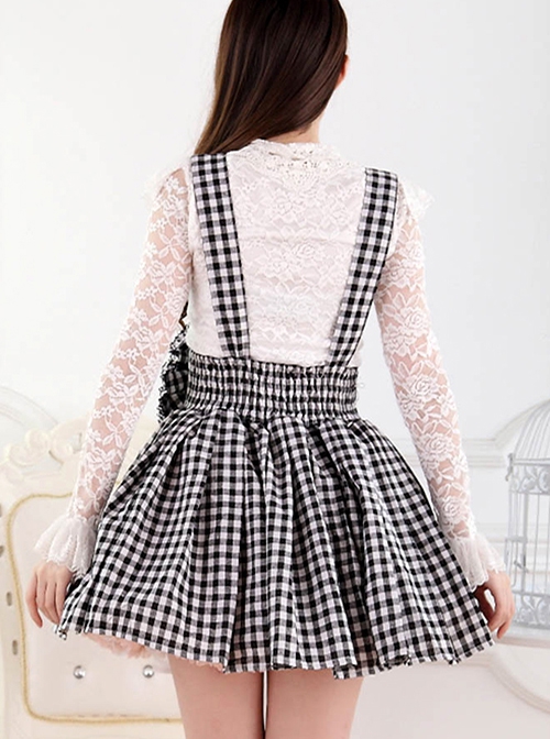 Black White Plaid Series Japanese Cute Bowknot Student Elasticated Waist Pleated Suspender Sweet Lolita Short Skirt