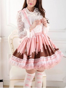 Japanese City Series Gentle Pink Soft Fluffy Pleated Elastic Waistband Suspenders Ruffle Lace Sweet Lolita Short Skirt