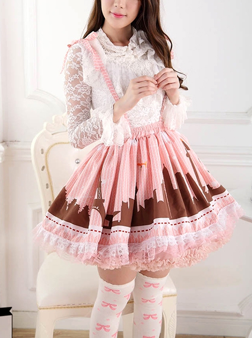 Japanese City Series Gentle Pink Soft Fluffy Pleated Elastic Waistband Suspenders Ruffle Lace Sweet Lolita Short Skirt