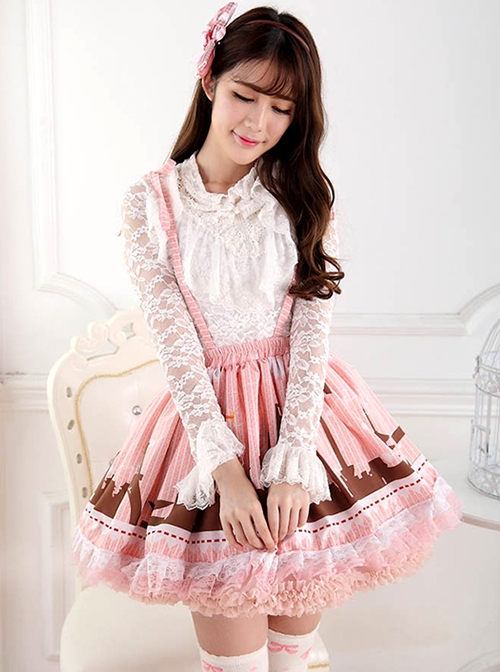 Japanese City Series Gentle Pink Soft Fluffy Pleated Elastic Waistband Suspenders Ruffle Lace Sweet Lolita Short Skirt