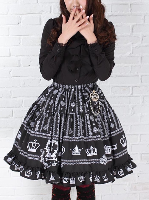 Black Princess European Style White Crown Big Pleats High Waist Ruffle Sweet Lolita Middle Long Skirt