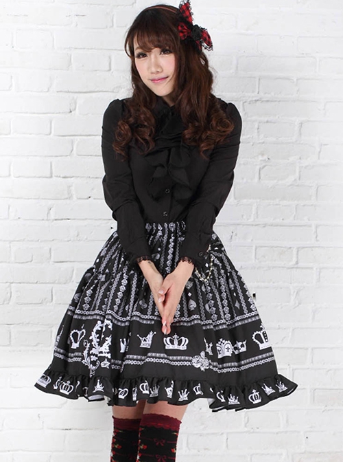 Black Princess European Style White Crown Big Pleats High Waist Ruffle Sweet Lolita Middle Long Skirt