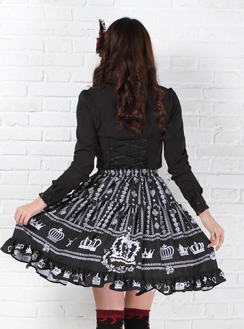 Black Princess European Style White Crown Big Pleats High Waist Ruffle Sweet Lolita Middle Long Skirt