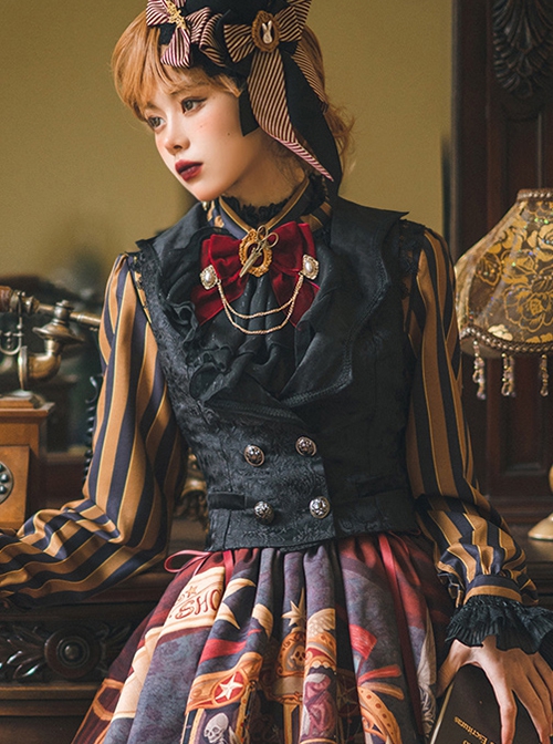 Odd House Circus Series Dark Pattern Black Bat Collar Fitted Waist Double Row Metal Buckle Binding Band Retro Gothic Lolita Vest