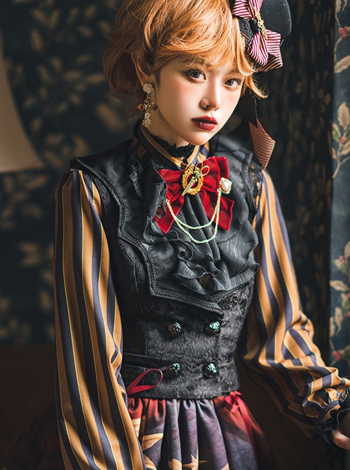 Odd House Circus Series Dark Pattern Black Bat Collar Fitted Waist Double Row Metal Buckle Binding Band Retro Gothic Lolita Vest