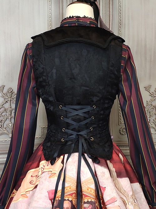 Odd House Circus Series Dark Pattern Black Bat Collar Fitted Waist Double Row Metal Buckle Binding Band Retro Gothic Lolita Vest