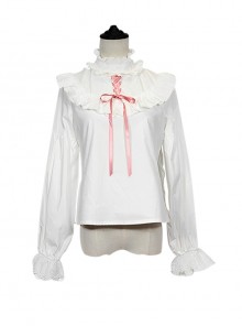 Antique Doll Series Vintage Ruffles Cute Loose Puff Sleeves High Collar Lace Binding Band Sweet Lolita Kids Long Sleeves Shirt