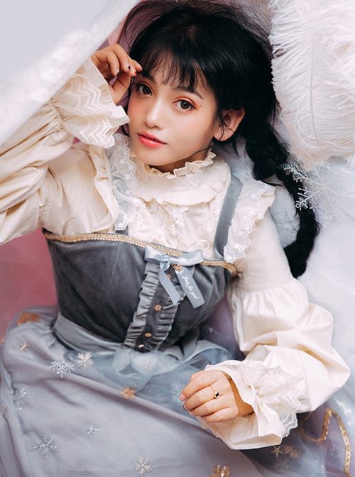 Antique Doll Series Vintage Ruffles Cute Loose Puff Sleeves High Collar Lace Binding Band Sweet Lolita Kids Long Sleeves Shirt