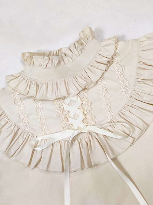 Antique Doll Series Vintage Ruffles Cute Loose Puff Sleeves High Collar Lace Binding Band Sweet Lolita Kids Long Sleeves Shirt